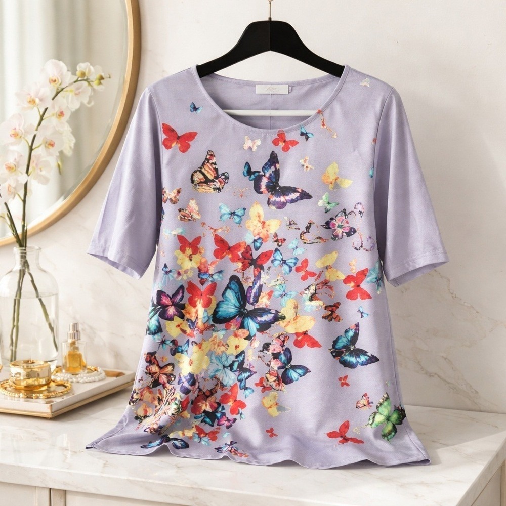 Misslook L Womens Butterfly Garden Print Short Sleeve‎ Top Gray Multi Color - Picture 3 of 9